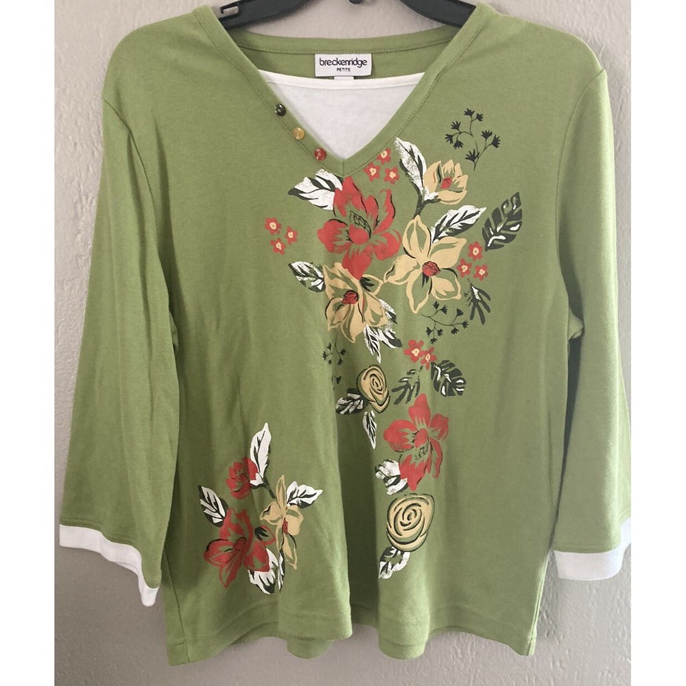 BRECKENRIDGE Women PXL Plus OLIVE GREEN Floral  3/4-Sleeve Blouse Top GUC